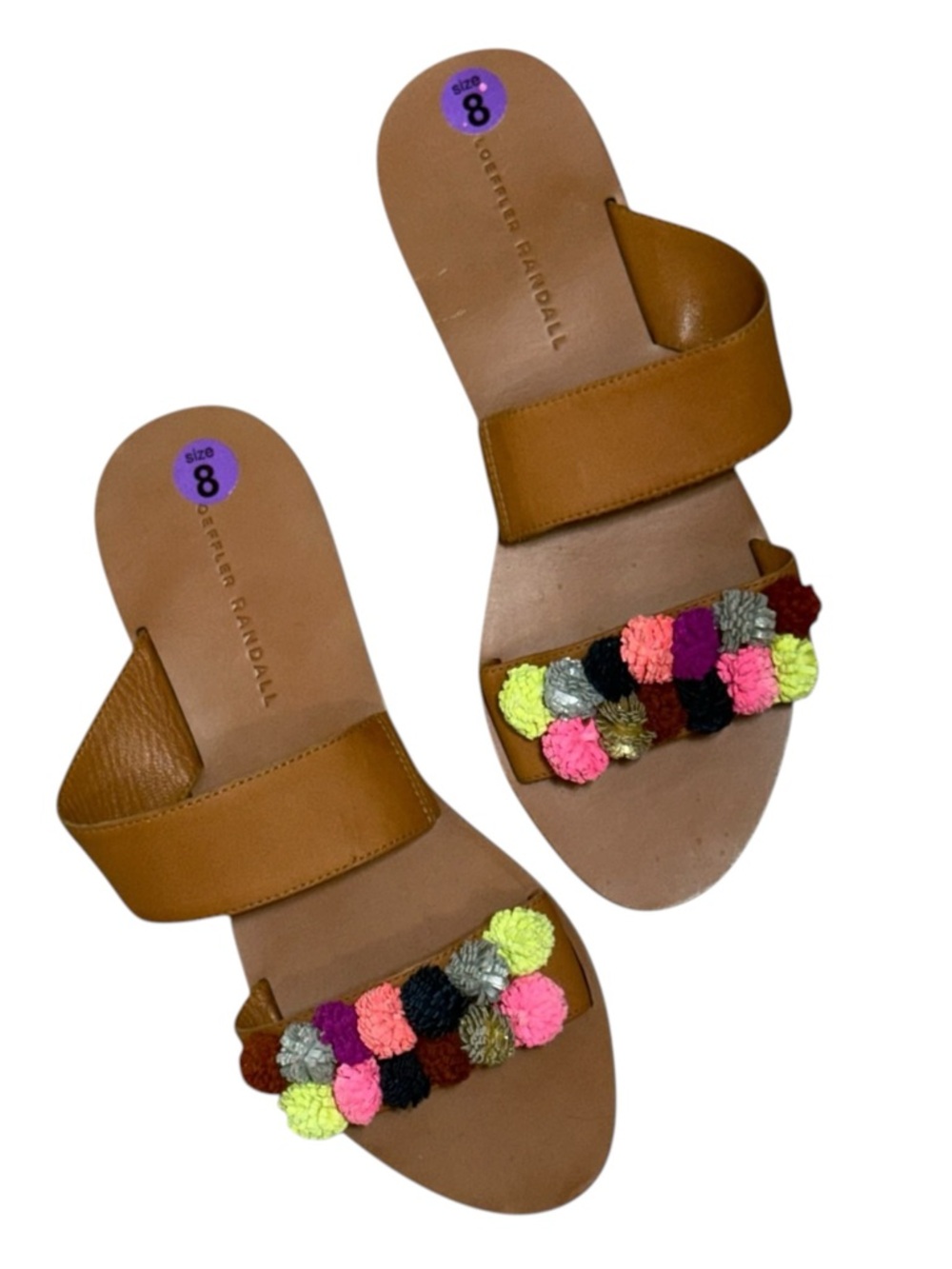 Anthro Loeffler Randall Clem Tan Leather Rainbow Pom-Pom Slide Sandals Women’s 8 - Picture 2 of 10